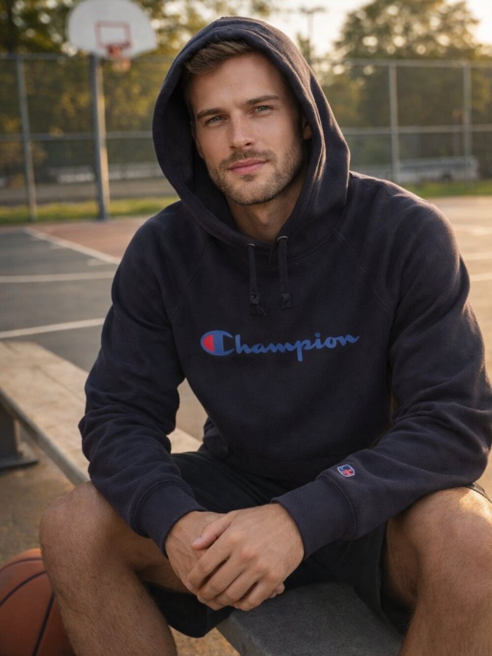 Large Adult Champion Black Hoodie Hooded Sweatshirt Activewear Long Sleeve